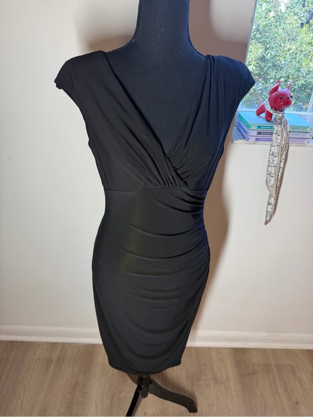 Ralph Lauren Black Cap-Sleeve Ruched Wrap Midi Dress